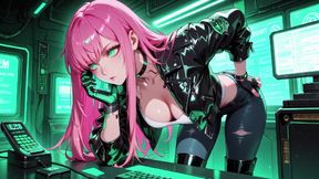 Pink-haired Leather Tech! Private Vibes in a Neon-lit Cyber Corridor.