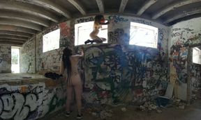 Risky Public Nudity — Hot Girls on Vacation Spray Painting Graffiti, Brille and Cherri
