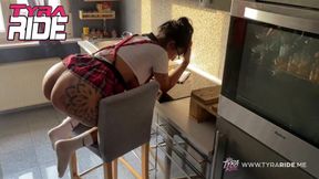 Tattooed Brunette in Glasses Gives Sloppy Blowjob and Takes