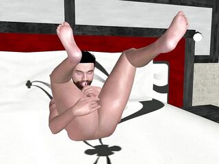 CG Homosexual Porn: Solo Male Fingers Booty & Shakes Giant Dick Simultaneously on Daybed