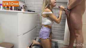 My stepsister was in the bathroom, and I decided to go to her and got a gorgeous throat blowjob
