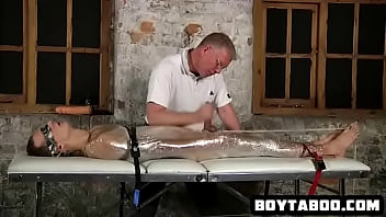 Horny saran wrapped hunk getting his hard cock tugged