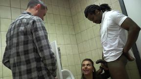 sexy-susi fucked in both holes by 2 guys in a public toilet.