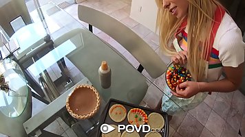 Petite blonde slut, Kenzie Reeves got fucked hard in the kitchen, after sucking a huge dick