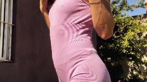 Redhead Outdoor Smoking in Tight Lilac Yoga Pants