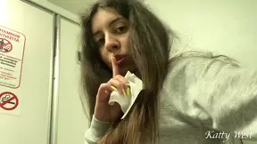 Amateur girl masturbates and pees in airplane toilet