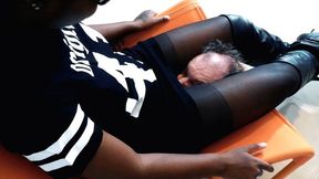 BRENDA WEARING BLACK LEATHER HIGH BOOTS SMOTHERS her SLAVE (480p)