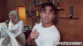 Curvy blonde babe Adaline Star takes fucking on the leather couch