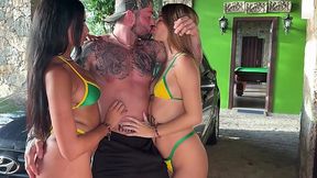 Brazilian chicks stripped their bikinis for a threesome with big cock, tattooed guy