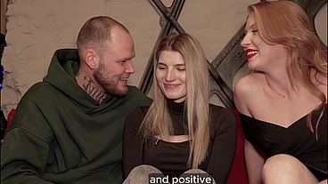 Innocent looking roommate joins couple for her first threesome sex
