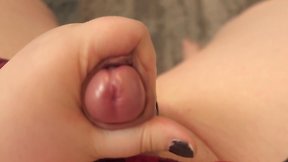 Closeup of chubby transperson jerking off and cumshots