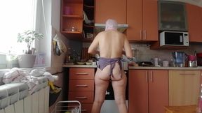 Brunette with hairy pussy, big tits, sensual and hairy woman in the kitchen. Sexy amateur wife shaves her hairy pussy.