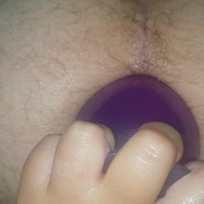 Hubby getting our big anal plug shoved in for the 1st time