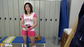 Japanese baseball player squirts while her coach pleases and fucks her shaved cunt
