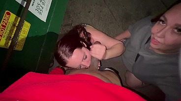 Katja Miyatovich & Ruby LaBelle desperately sucking Dante Diggz off by a dumpster, horny cumsluts couldn't wait to give a sloppy suck