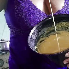 Chubby stepmom making cake without panties