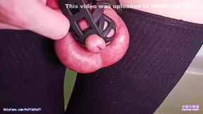 Cute Tgirl Playing With Chastity Cage And Cum Delay Until Open It