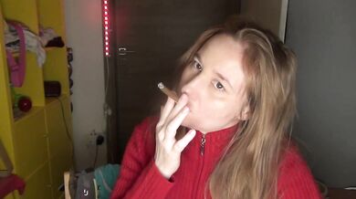 Nude smoke with flirt. Red sweater