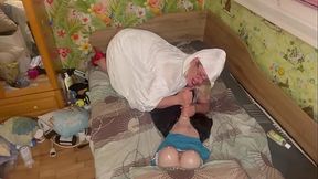 Queen in white hood Tease, suck and oil handjob the tranny till cum