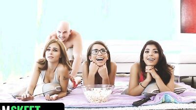 Dude bangs his stepsister and her two girlfriends in a foursome