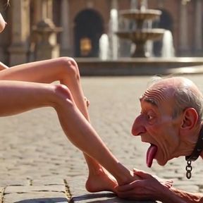 Submissive Man Worshipping Mistress Feet in Plaza