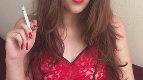 Goddess D Smoking Marlboro Light 100 in Red Lace Lingerie - Spread Eagle with Big Belly Hanging Out