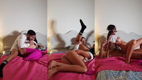 sexy brunette teen stepsister being rough fucked by her old stepbrother with monster cock