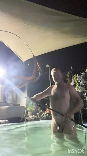 Cleaning the pool naked with cute winky and sexy ass