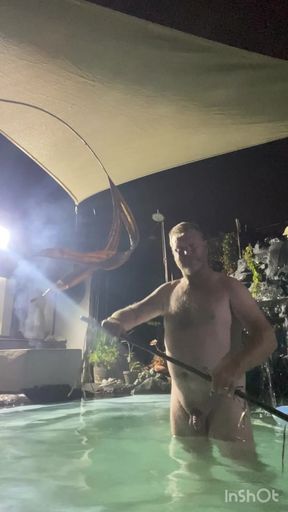 Cleaning the pool naked with cute winky and sexy ass