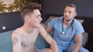 Next Door Twink: Tattooed in uniform jerking big dick