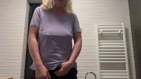 Secret masturbate with bottle and squirt in public toilet