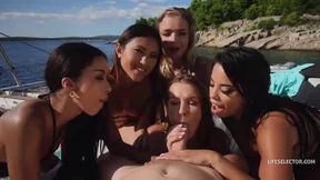 Sexy pornstars in bikini blow lucky POV cock on a boat