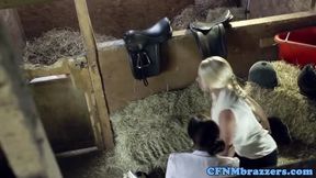 Bigtitted femdoms demand dick in cfnm trio