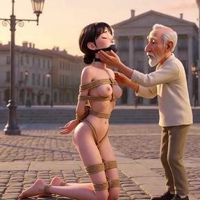 Public Rope Bondage - Old Man Caressing Desperate &amp; Wet Woman