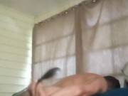 Beefy Tatted Up Hunk Bends Over The Couch and Trys To Fuck His Tight Hole With Spatula