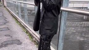 Smoking fetish walk with pvc pleaser boots and leather