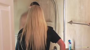 Showering gets even steamier once the busty blonde decides to jump in and bend over