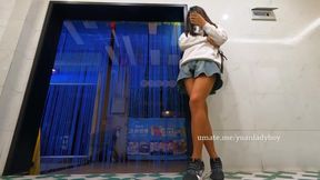 Denim skirt yuanladyboy gets destroyed in public toilet gagging on cum