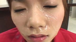 Perverted Japanese MILFie office filth gets facial after blowing dick