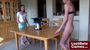 Petite tennis players Kyler and Aften strip down to their natural tits & play strip game with sex toys