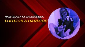 Half black gi ballbusting footjob and handjob