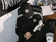 scallyboy in Adidas wanks and cum in his spermy Jockstrap
