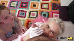 HUNT4K  Slutty lesbian couple's fun was interrupted by their landlord's cock