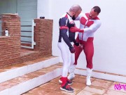 Spandex clad courier delivers to Omniman and gets fucked hard