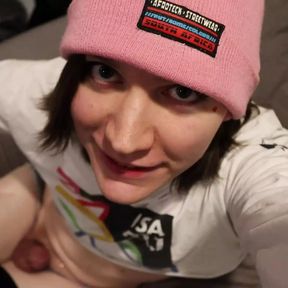 Cute Skater Femboy Jerks off and eats her own cum