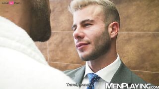 Blond businessman Allen King barely endures plowing with Gustavo Cruz