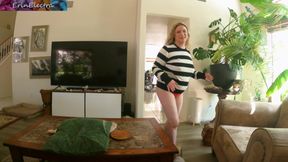 Stepmom is hanging out in her underwear in the living room