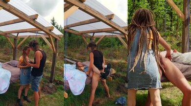Dreadlocked goddess eats cum in a swinging garden pergola