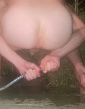 Clean Pressure Enema with Ass Lips and Pissing - Outdoor Garden Hose Anal