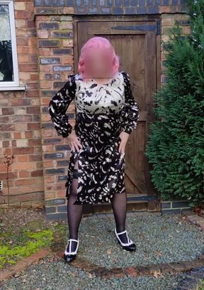 Crossdresser Outdoors in Sexy Satin Dress